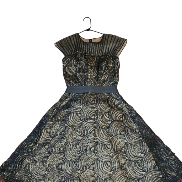 Tadashi Shoji Floral Black Gold Midi Cocktail Dress Size 6 - Picture 2 of 13